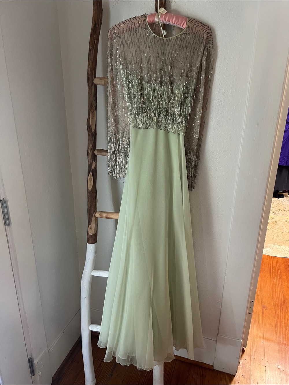 Victoria Royal Ltd Vintage 60s 70s Pale Green Chiffon Gown Silver Beaded Fringe